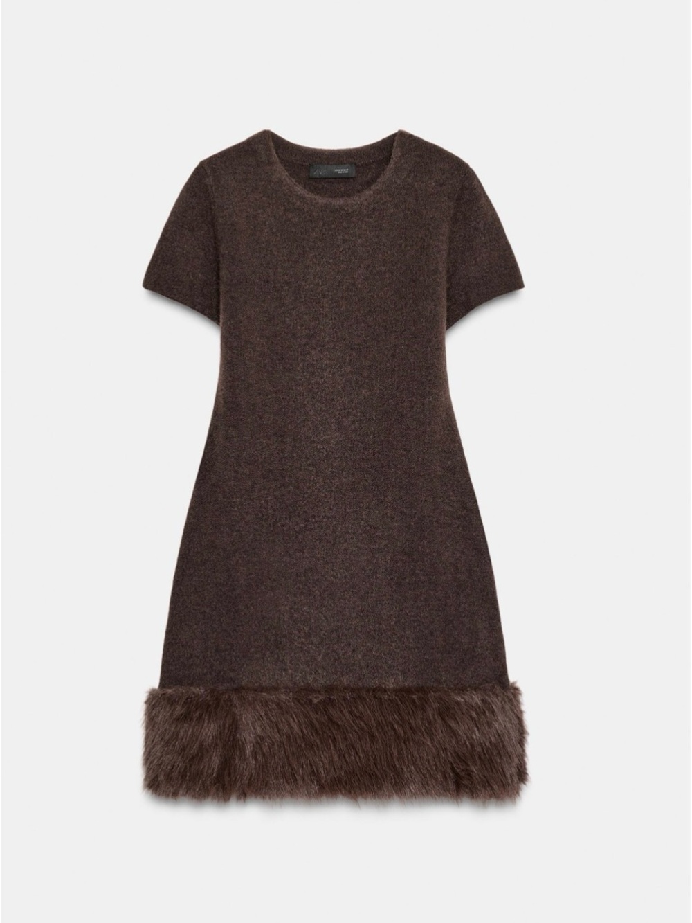 NWT/ Zara Faux Fur Hem Brown Short Sleeve Knit Dress